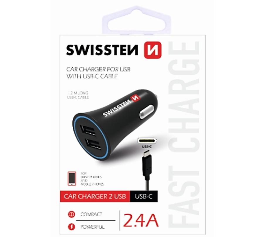 Adapter CL SWISSTEN 2x USB + USB-C kabel 2,4A, černá