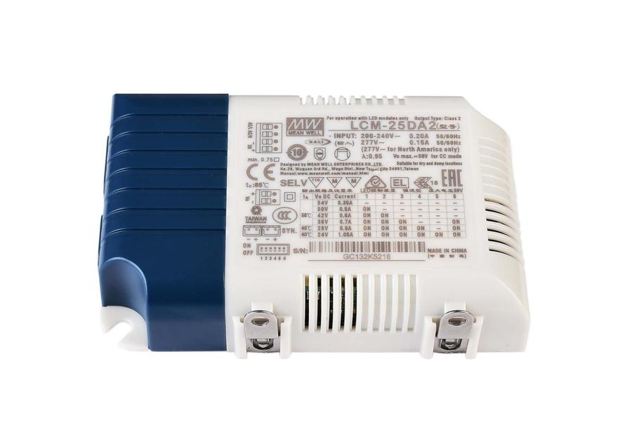 AKCE Meanwell LED-napájení DIM, Multi CC, LCM-25DA2 / DALI2 + DALI1 konstantní proud 350/500/600/700/900/1050 mA IP20 stmívatelné 6-54V DC 18,90-25,20