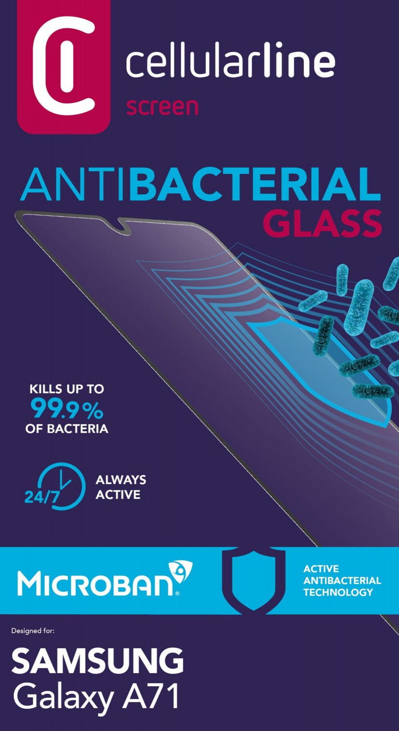 Antimikrobiální ochranné tvrzené sklo Cellularline Antibiom pro Samsung Galaxy A71, černá