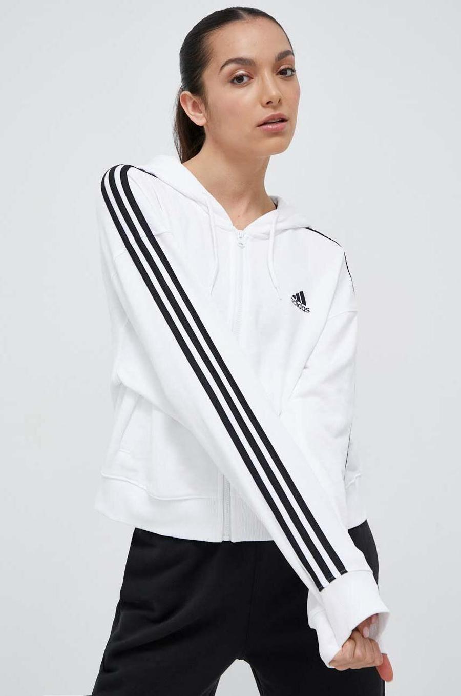 Bavlněná mikina adidas dámská, bílá barva, s kapucí, s aplikací