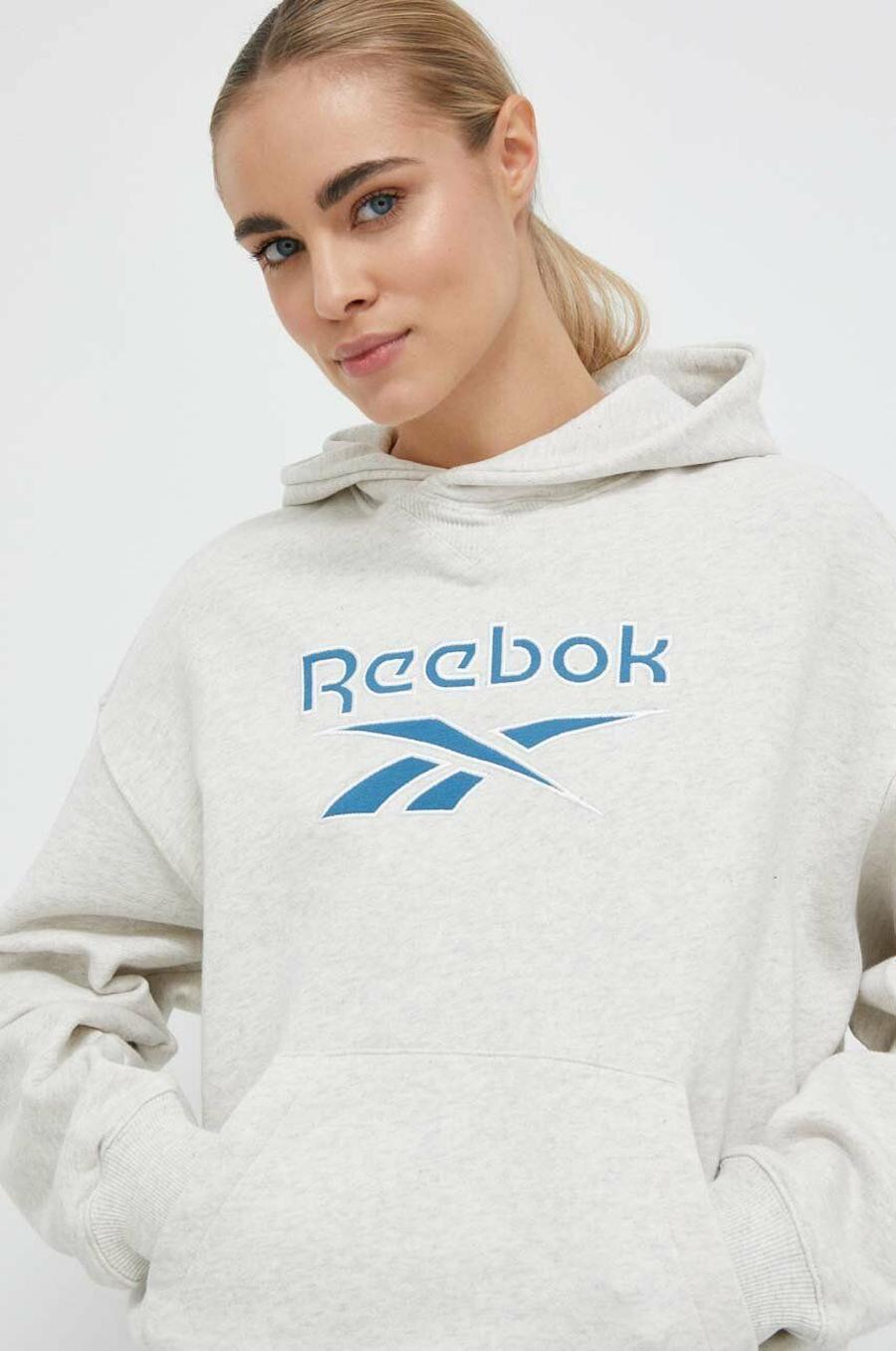 Bavlněná mikina Reebok Classic Archive Big Logo dámská, béžová barva, s kapucí, s potiskem