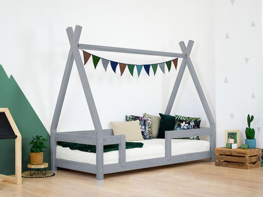 Benlemi Dětská dřevěná postel NAKANA ve tvaru teepee s bočnicí Zvolte barvu: Tmavě šedá, Rozměr: 80x160 cm