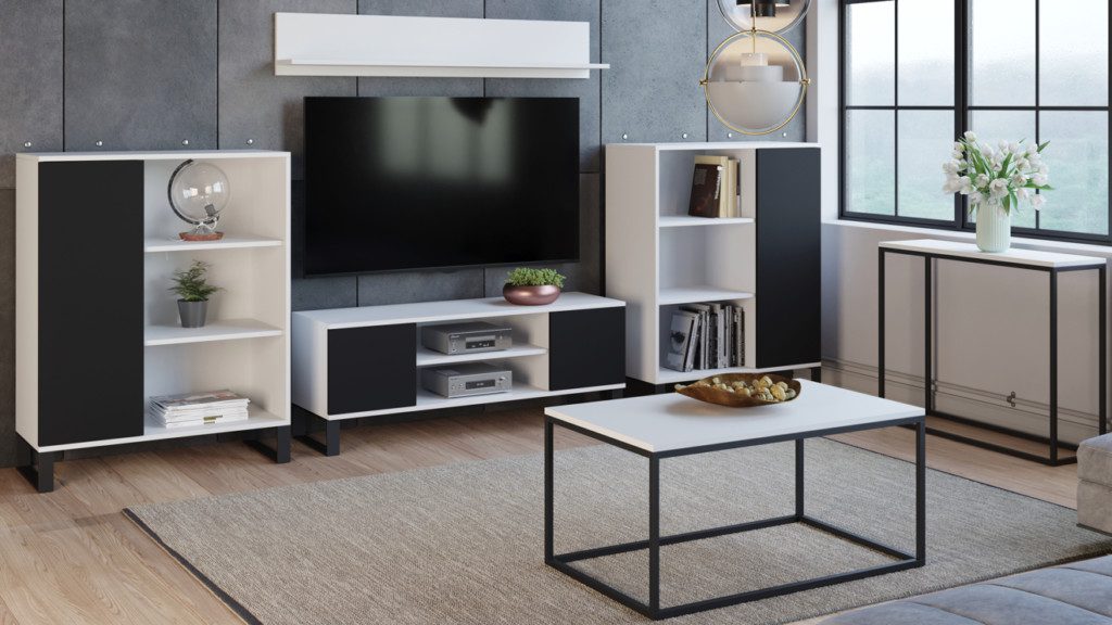 Benlemi TV stolek FOCUS s dvířky a kovovou podnoží bílo-černý