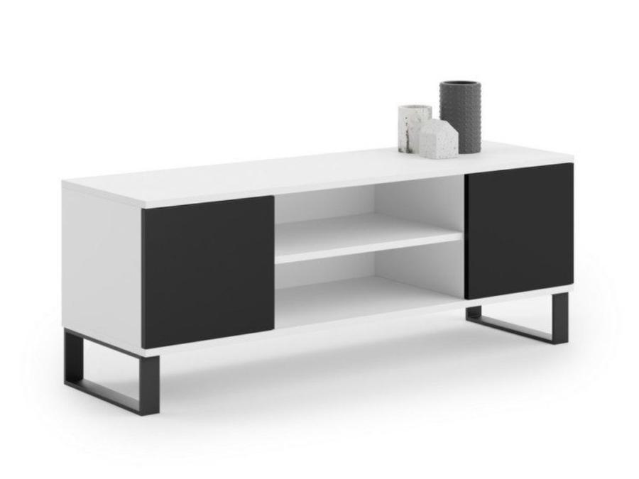 Benlemi TV stolek FOCUS s dvířky a kovovou podnoží bílo-černý