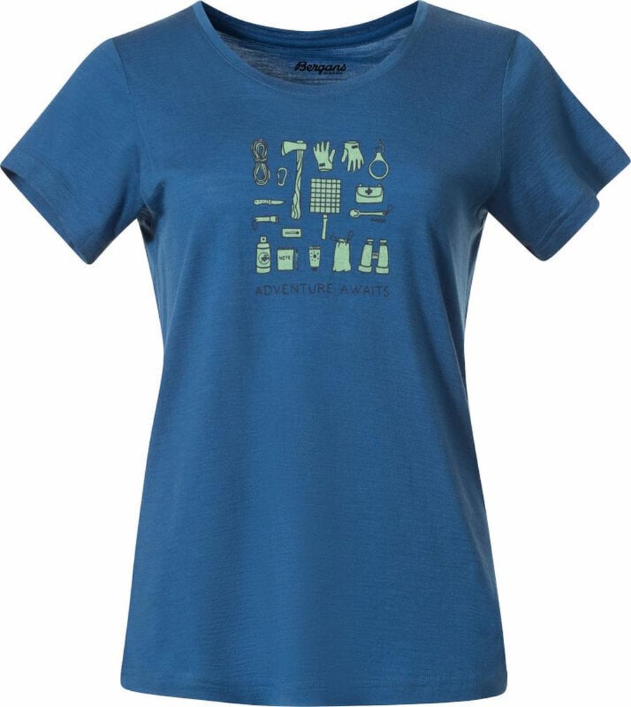 Bergans Graphic Wool Tee Women North Sea Blue/Jade Green/Navy Blue M Outdoorové tričko