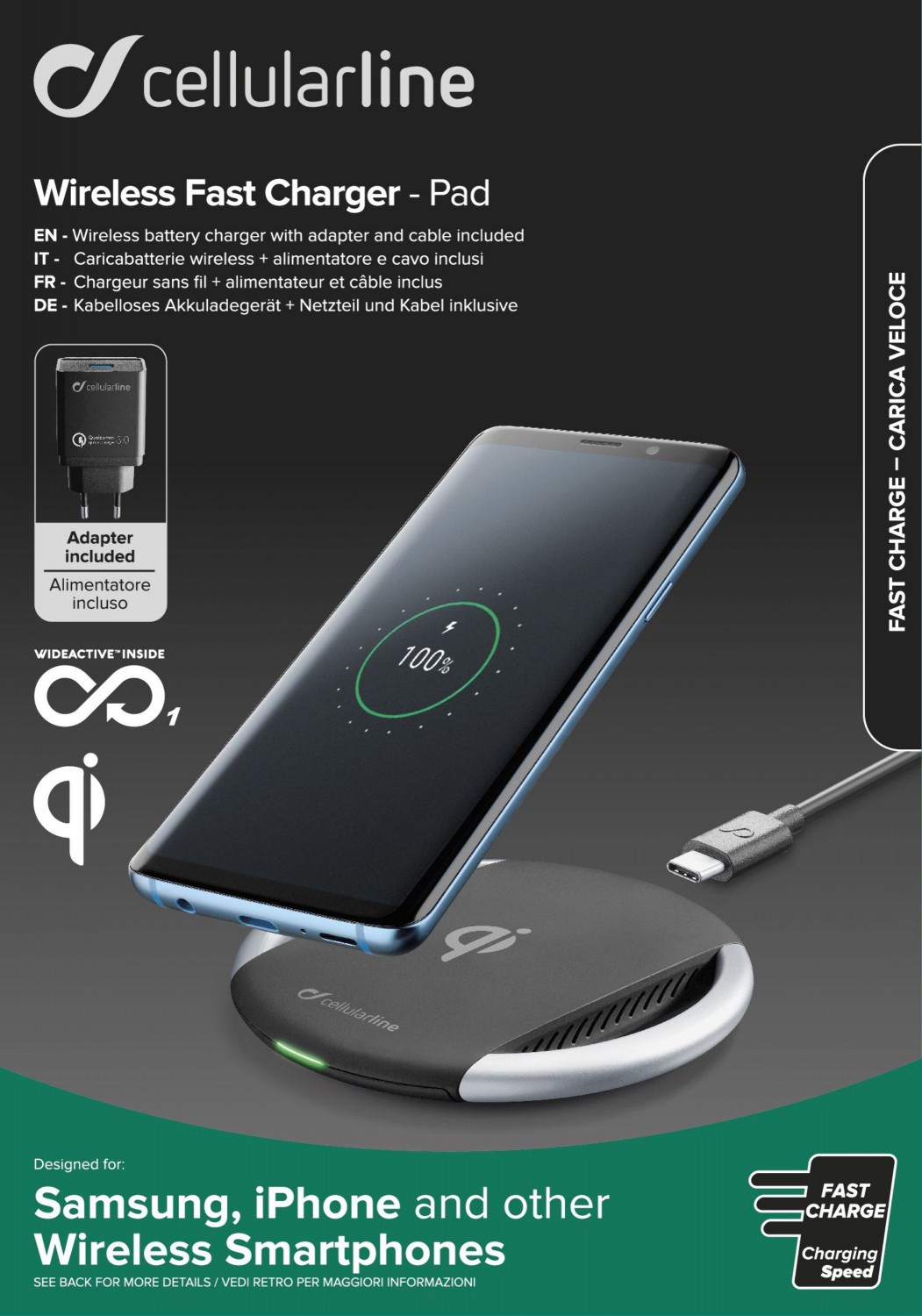 Bezdrátová nabíječka Cellularline Wireless Fast Charger + Fast Charge adaptér 10W, Qi standard černá