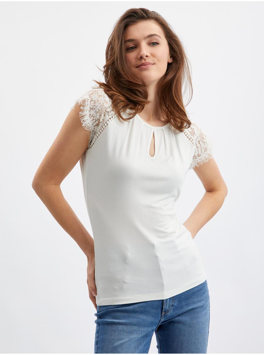 Bílé dámské tričko s krajkovým detailem ORSAY