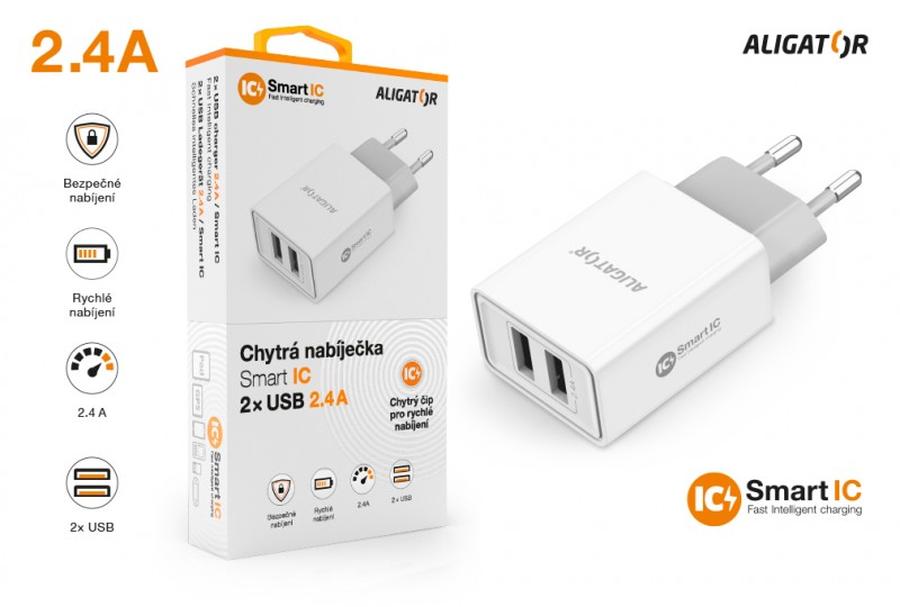 Chytrá síťová nabíječka ALIGATOR 2.4A, 2xUSB, smart IC, bílá