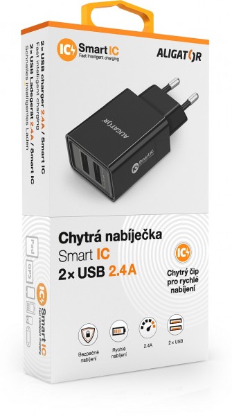 Chytrá síťová nabíječka ALIGATOR 2.4A, 2xUSB, smart IC, černá