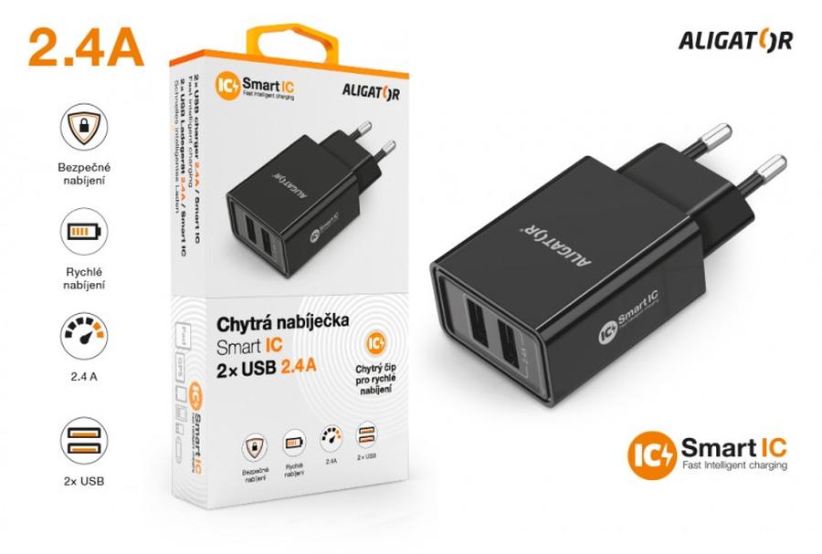 Chytrá síťová nabíječka ALIGATOR 2.4A, 2xUSB, smart IC, černá