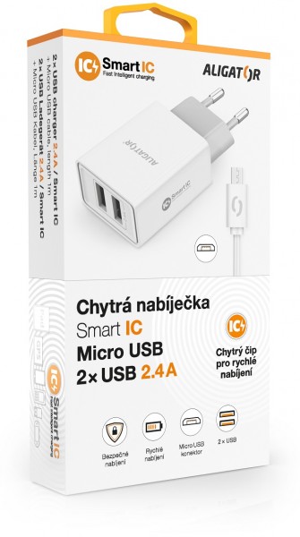 Chytrá síťová nabíječka ALIGATOR 2.4A, 2xUSB, smart IC, Micro USB kabel 2A, bílá