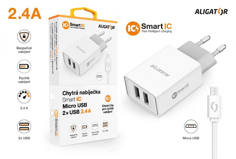 Chytrá síťová nabíječka ALIGATOR 2.4A, 2xUSB, smart IC, Micro USB kabel 2A, bílá