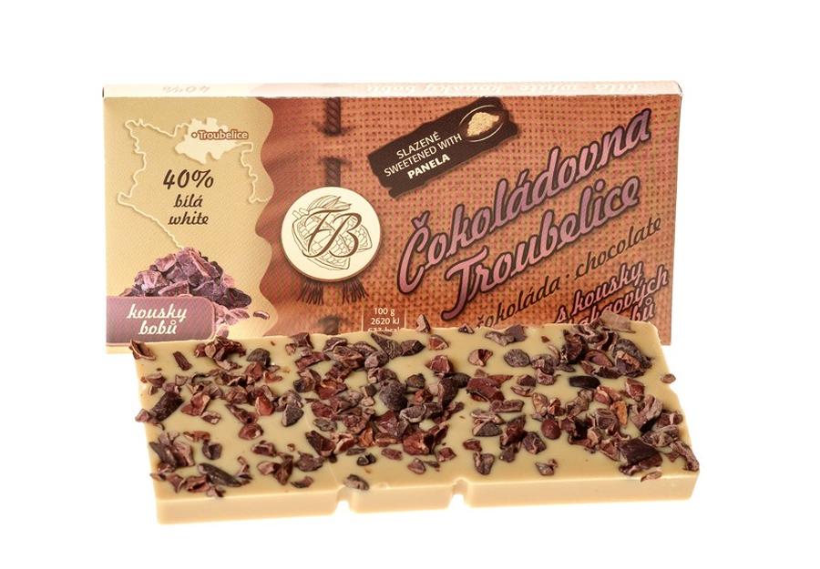 Čokoládovna Troubelice Bílá čokoláda s kakaovými boby 40% 45 g
