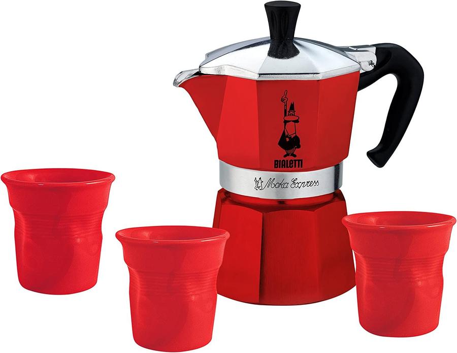 Dárkový set Bialetti moka express 3 porce + 3 šálky, červený,Dárkový set Bialetti moka express 3 porce + 3 šálky, červený