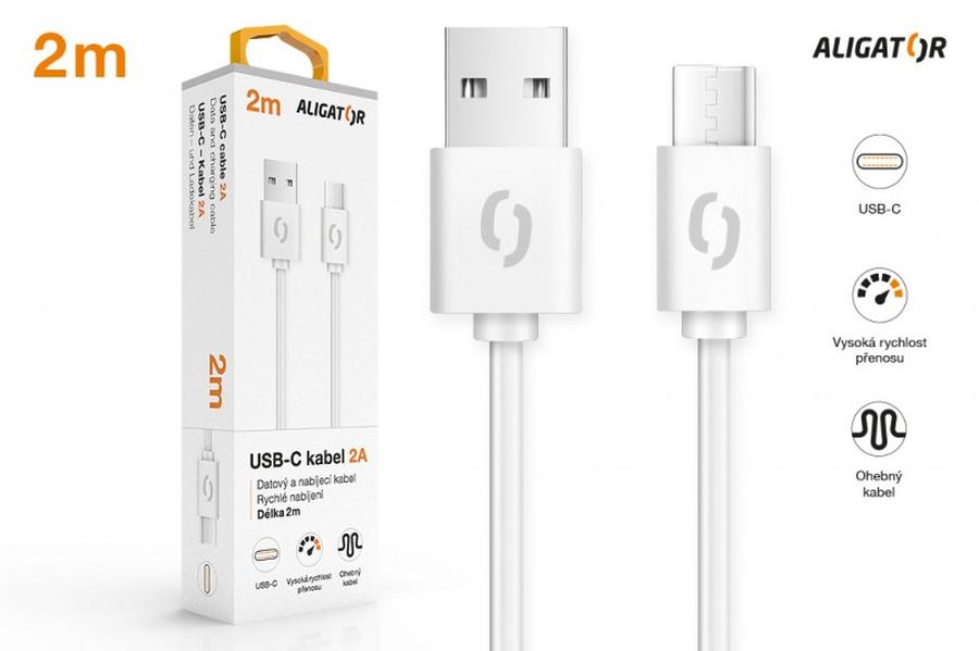 Datový kabel ALIGATOR 2A, USB-C, 2m, bílá