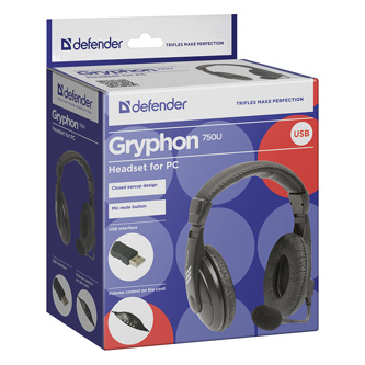 Defender Gryphon 750U, sluchátka s mikrofonem, ovládání hlasitosti, černá, uzavřená, USB