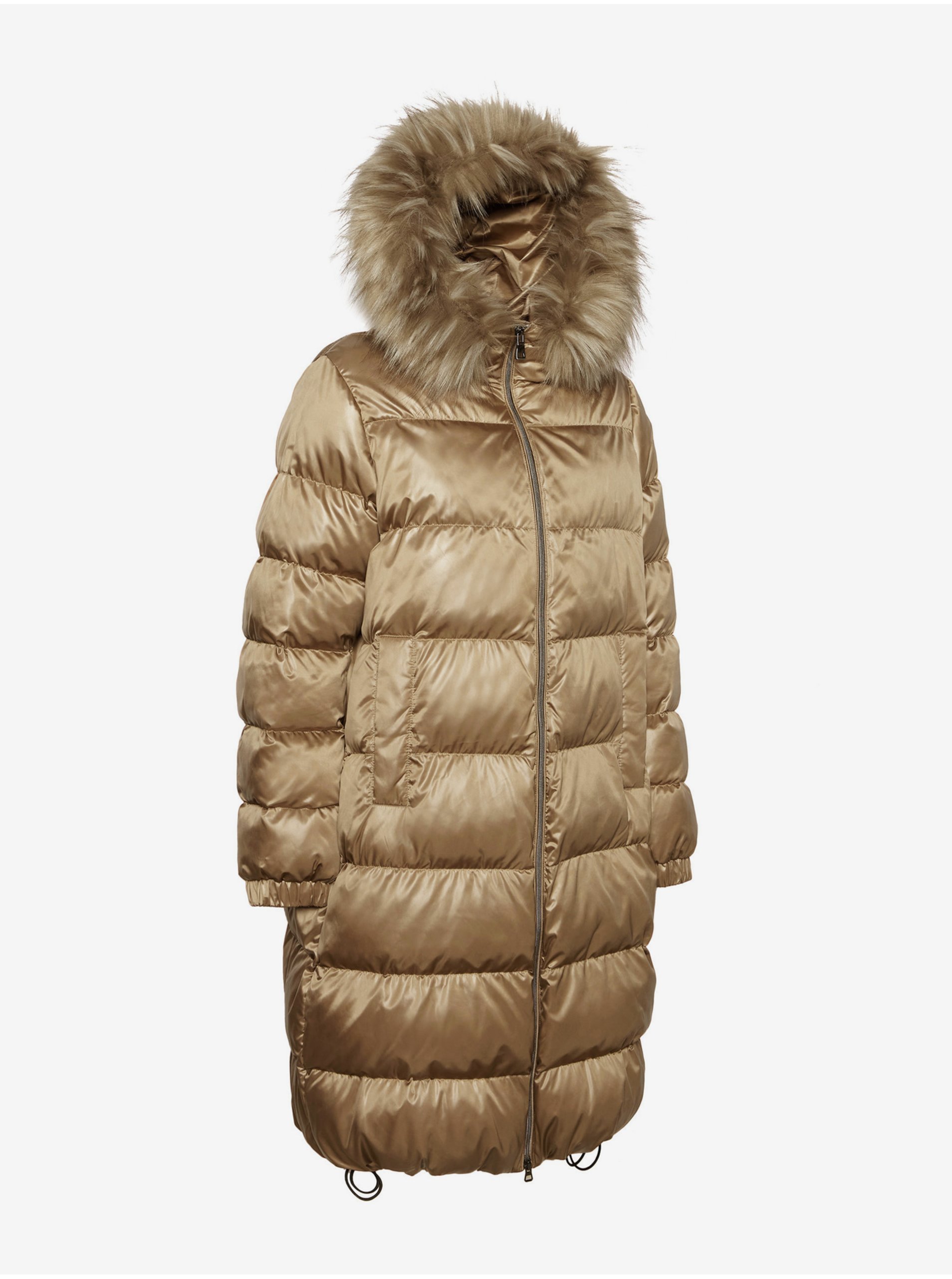 Hnědý dámský lesklý prošívaný zimní kabát s kapucí s kožíškem Geox Becksie