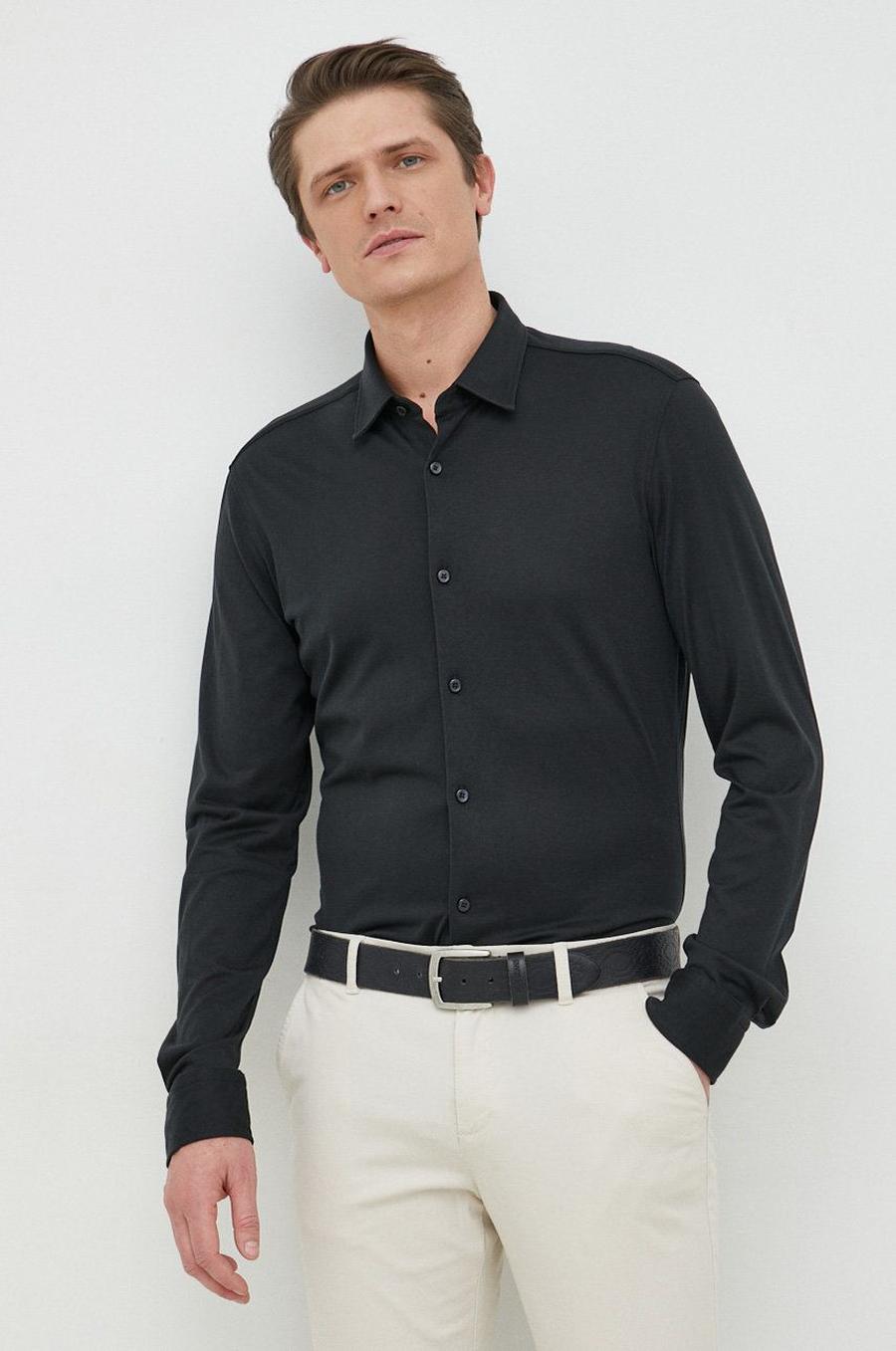 Košile BOSS pánská, černá barva, slim, s klasickým límcem