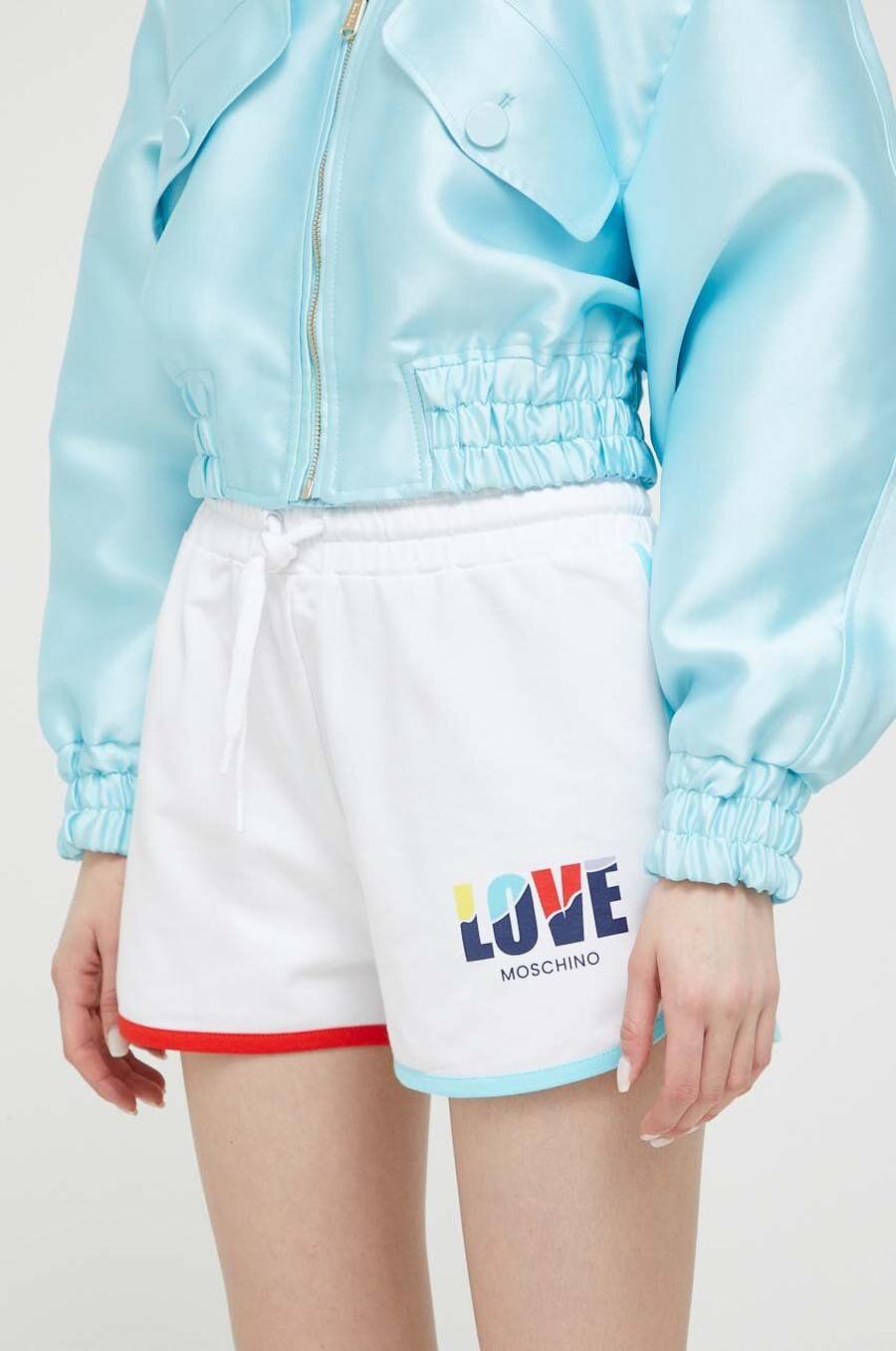 Kraťasy Love Moschino dámské, bílá barva, s potiskem, high waist