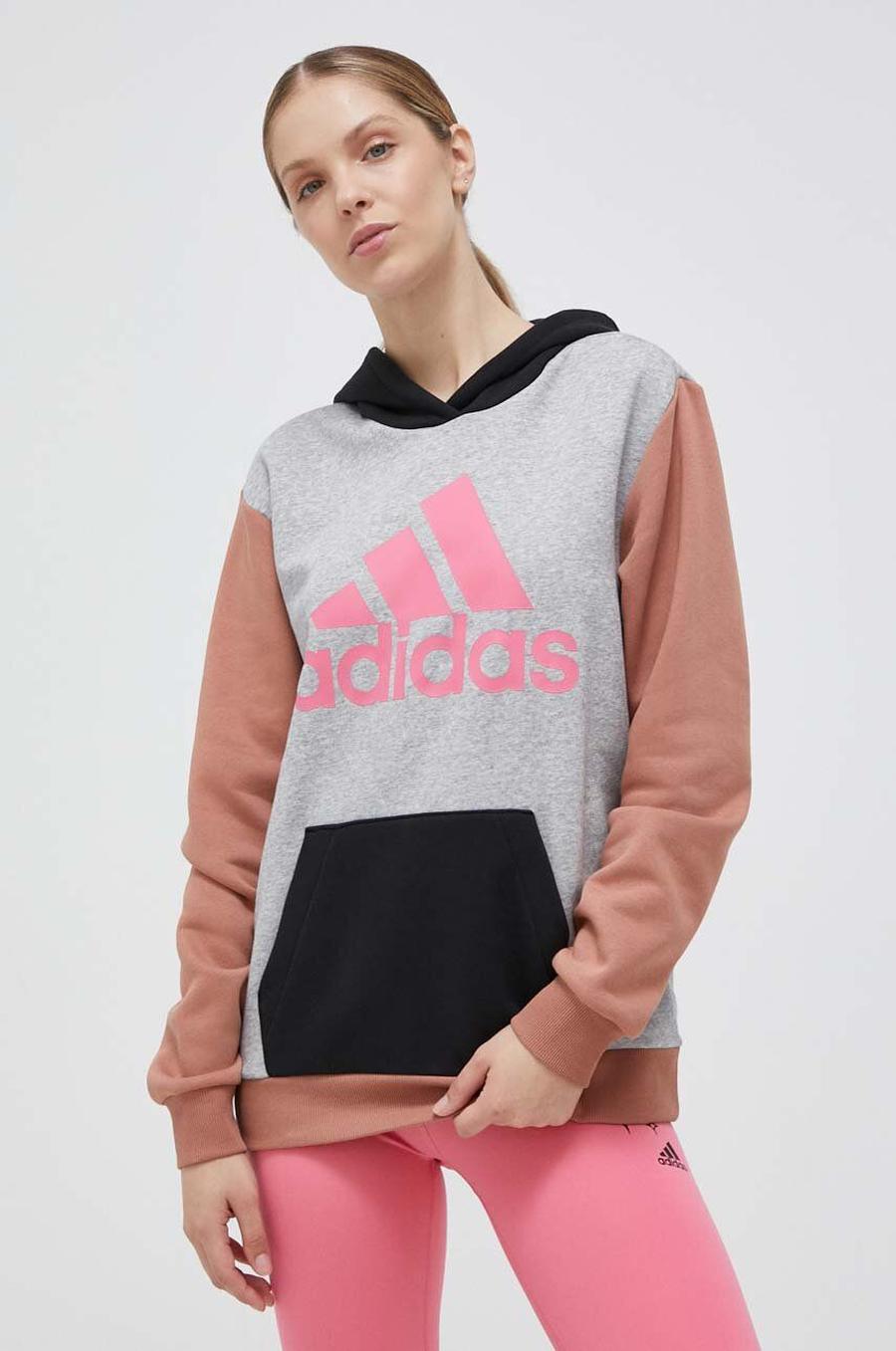 Mikina adidas dámská, šedá barva, s kapucí, vzorovaná