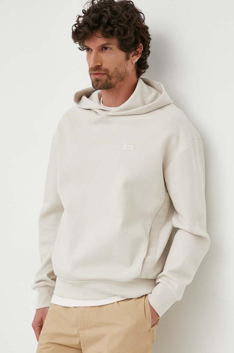 Mikina Calvin Klein pánská, béžová barva, s kapucí, s aplikací