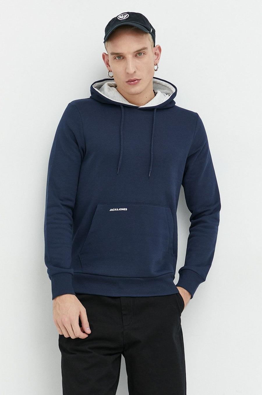 Mikina Jack & Jones pánská, tmavomodrá barva, s kapucí, hladká