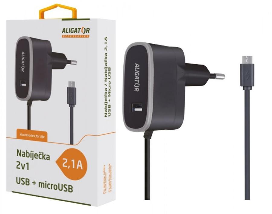 Nabíječka ALIGATOR MicroUSB s USB výst 5V/2,1A, Black