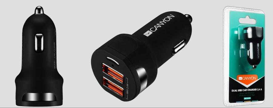 Nabíječka do auta CANYON 2xUSB, Smart IC,12V-24V, 5V-2.4A, černá