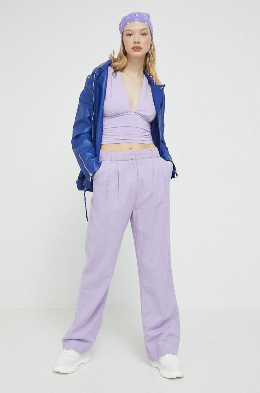Plátěné kalhoty Abercrombie & Fitch fialová barva, široké, high waist