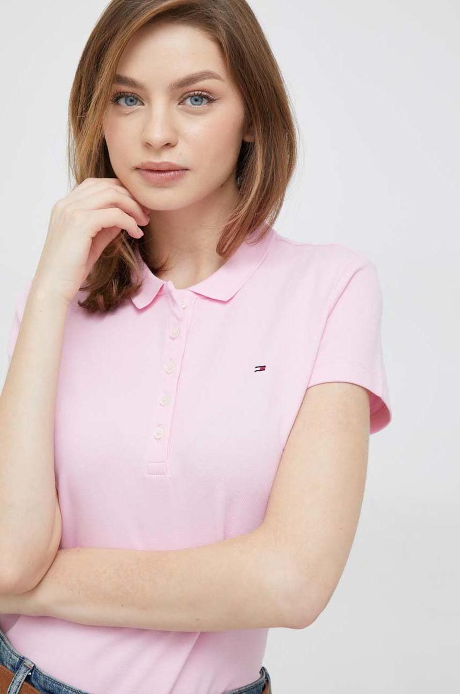 Polo tričko Tommy Hilfiger růžová barva, s límečkem