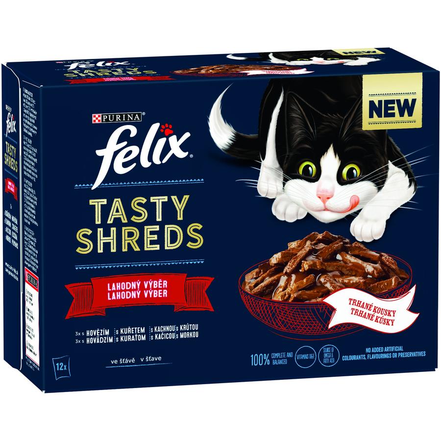 Purina Kapsička FELIX TASTY SHREDS Multipack hovězí, kuře, kachna,krůta ve šťávě 12x80g