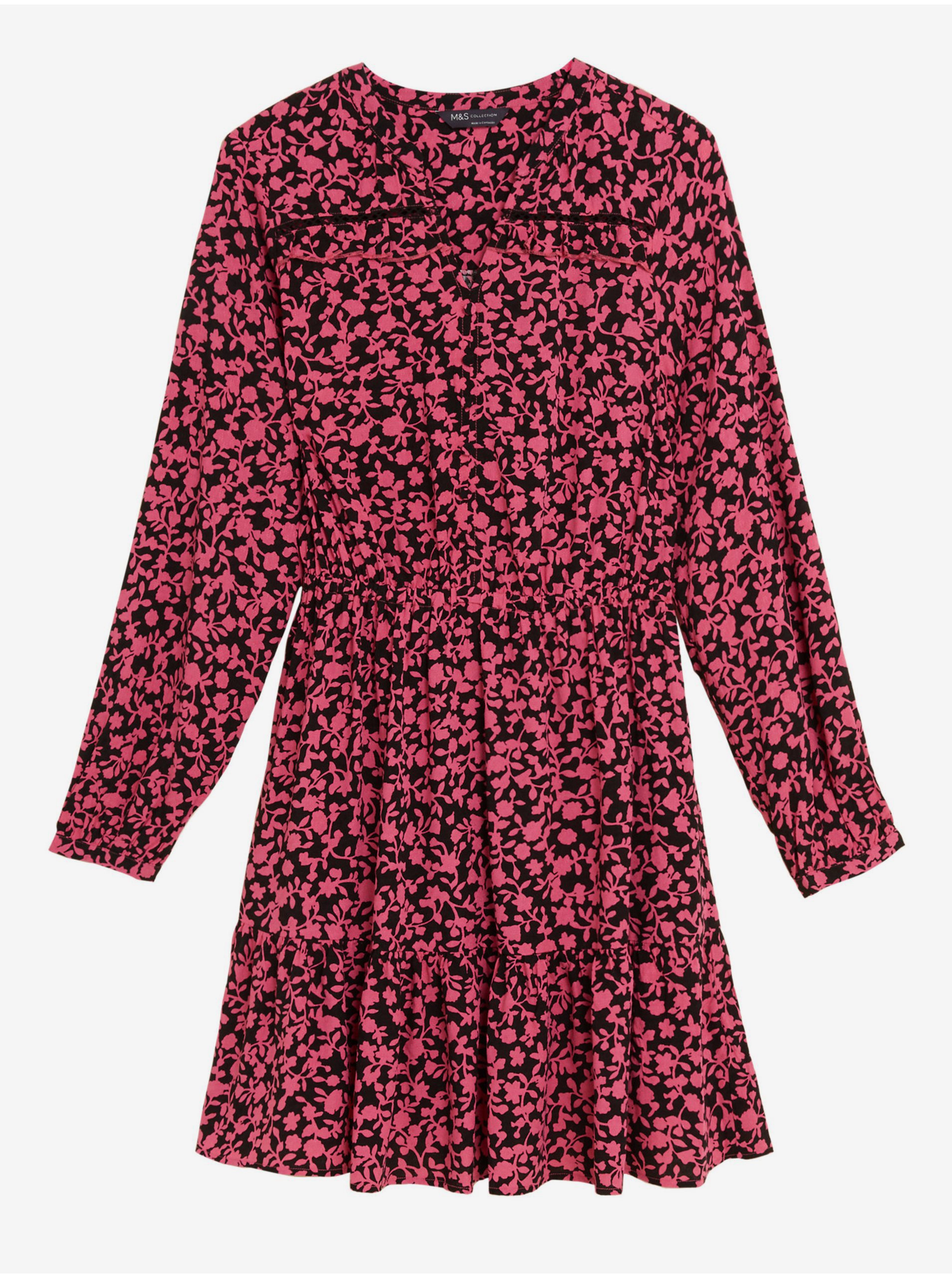 Růžovo-černé dámské květované mini šaty Marks & Spencer