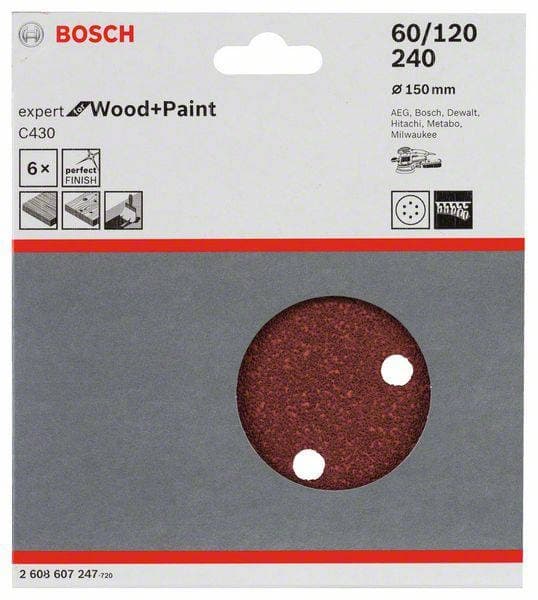 Sada brusného papíru pro excentrické brusky Bosch Accessories 2608607247 na suchý zip, s otvory, Zrnitost 60, 120, 240, (O) 150 mm, 1 sada