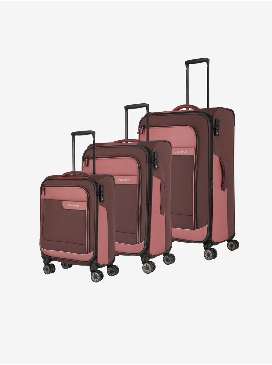 Sada tří cestovních kufrů a cestovní tašky v růžovo-hnědé barvě Travelite Viia 4w S,M,L + Duffle
