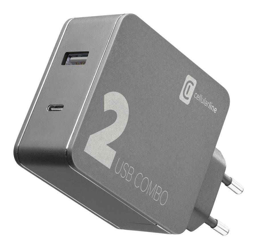 Síťová nabíječka Cellularline Multipower 2 Combo s USB-C portem, 42W, černá