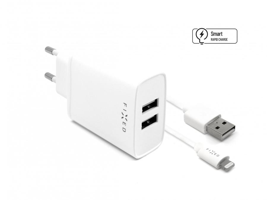 Síťová nabíječka FIXED, 2xUSB a kabel USB/Lightning, 1m, MFI, 15W white