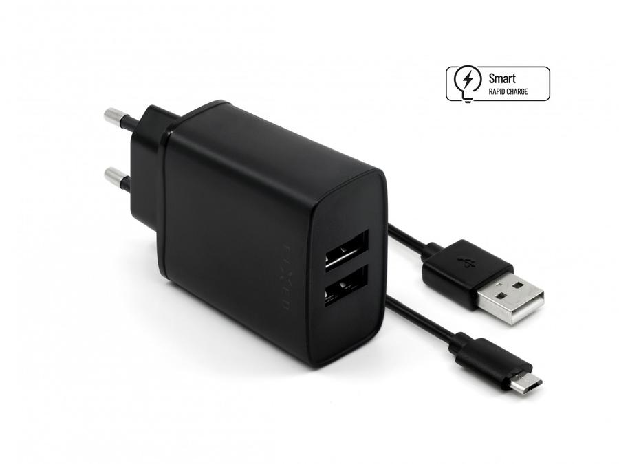 Síťová nabíječka FIXED, 2xUSB a kabel USB/micro USB, 1m, 15W black