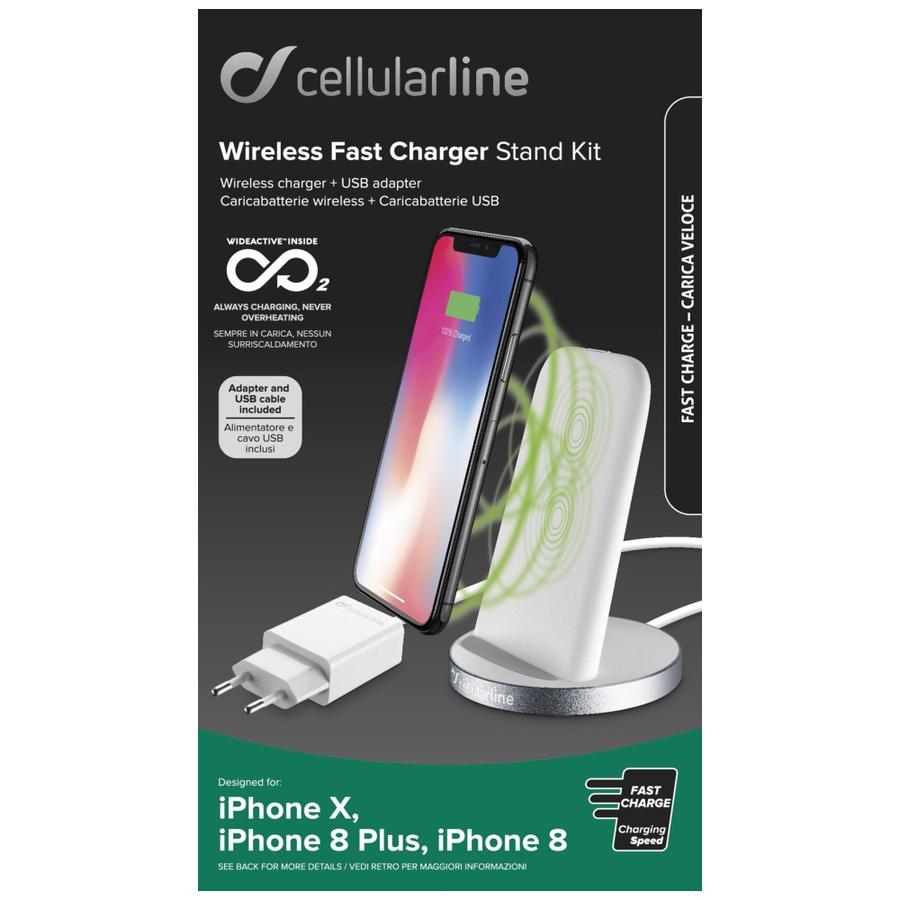 Stojánek pro bezdrátové nabíjení Cellularline Wireless Fast Charger Stand+Fast Charge adaptér 10W, bílý