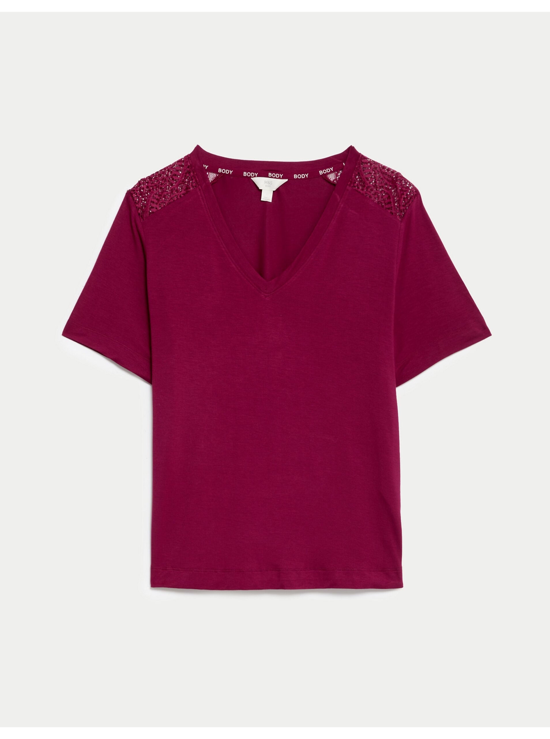 Vínové dámské pyžamové tričko s krajkovým detailem Marks & Spencer