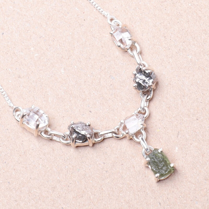 Vltavín, Hekimer diamant a meteorit náhrdelník stříbro Ag 925 LOT1 - 43 - 45,5 cm, 10,7 g
