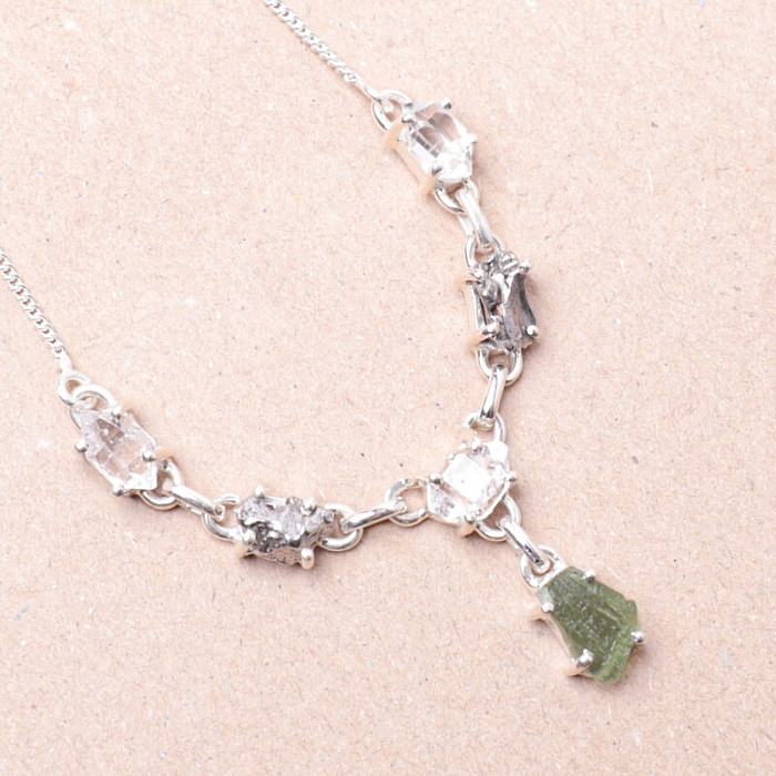 Vltavín, Hekimer diamant a meteorit náhrdelník stříbro Ag 925 LOT8 - 43 - 45,5 cm, 10,4 g