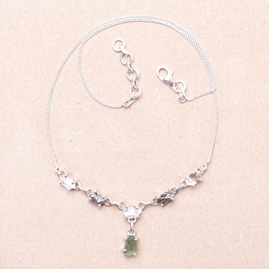 Vltavín, Hekimer diamant a meteorit náhrdelník stříbro Ag 925 LOT8 - 43 - 45,5 cm, 10,4 g