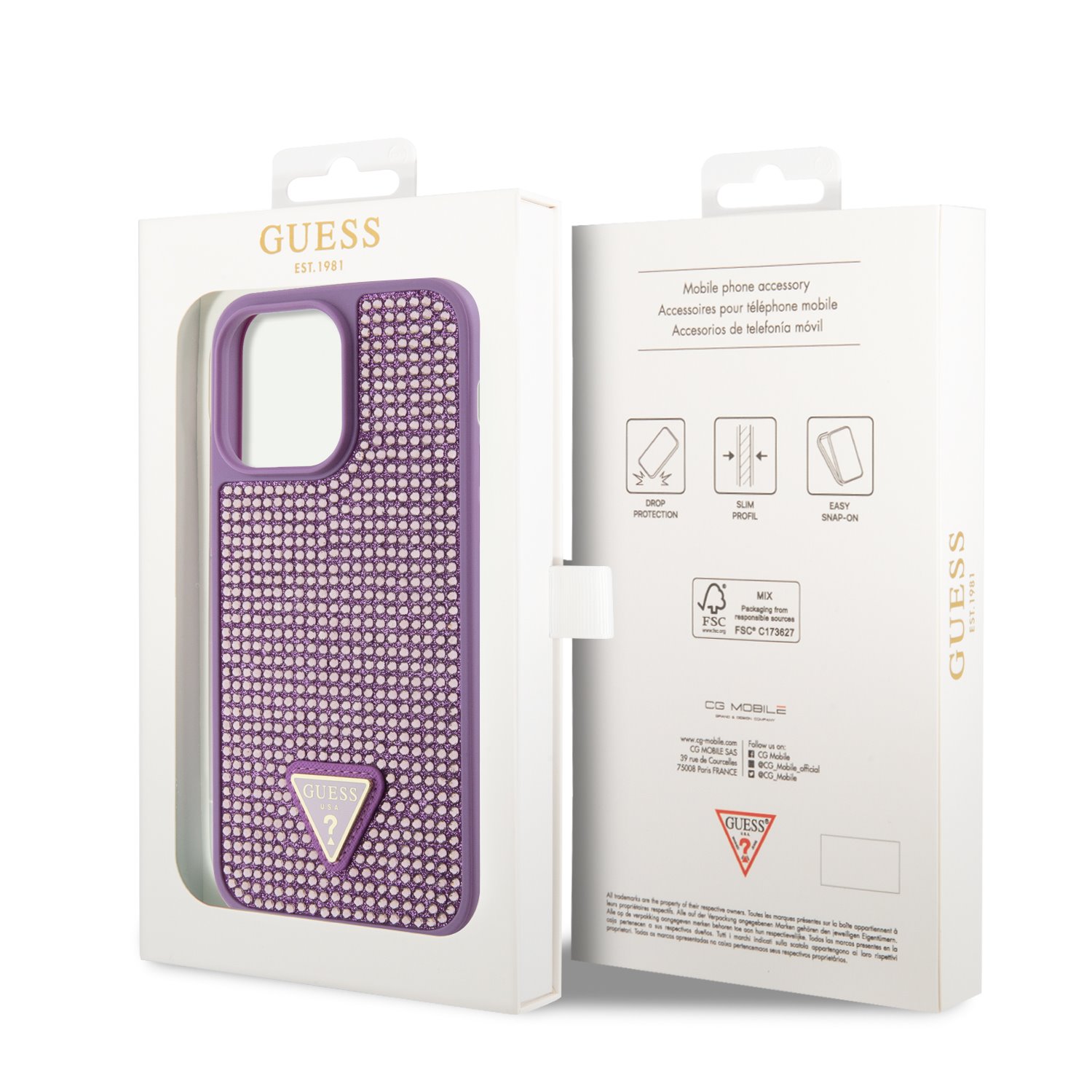 Zadní kryt Guess Rhinestones Triangle Metal Logo pro Apple iPhone 14 Pro Max, fialová