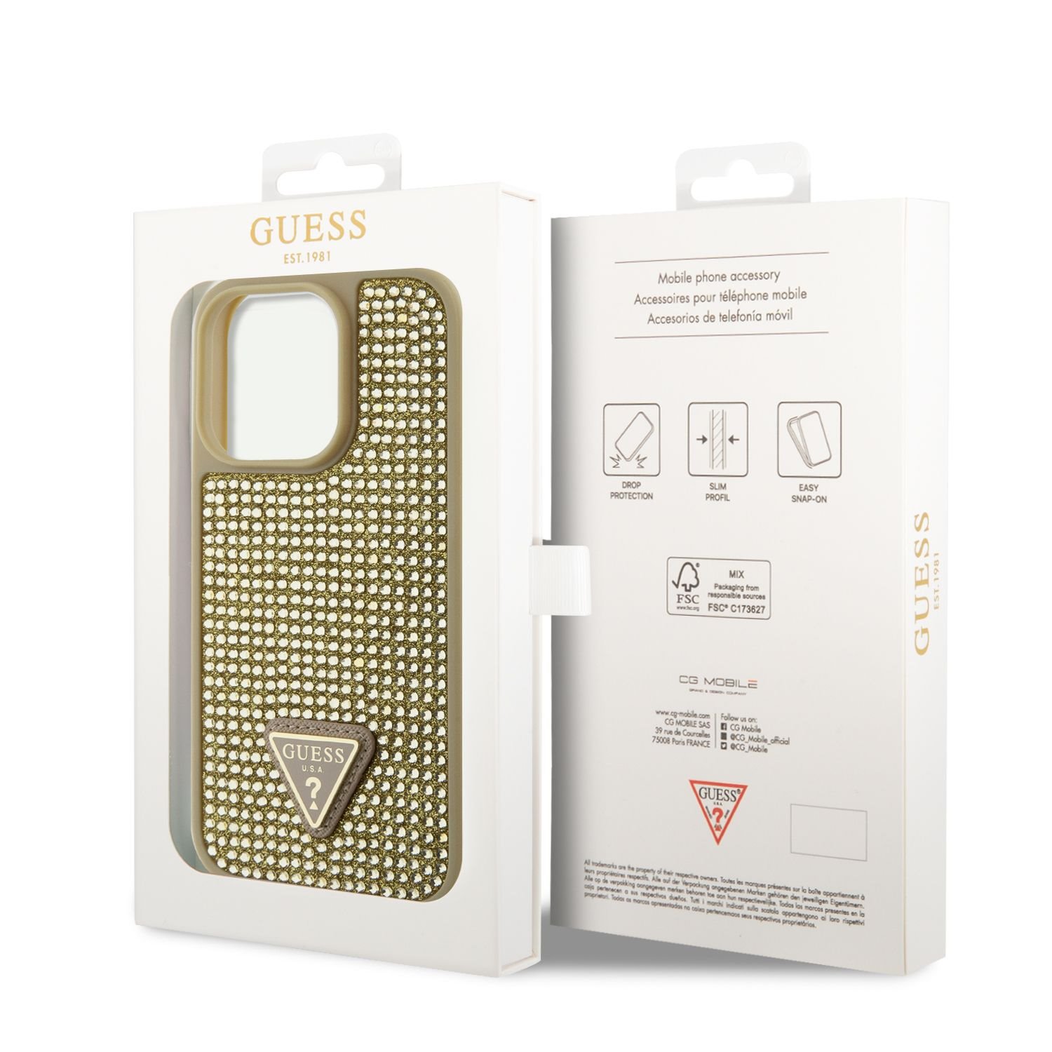 Zadní kryt Guess Rhinestones Triangle Metal Logo pro Apple iPhone 14 Pro, zlatá