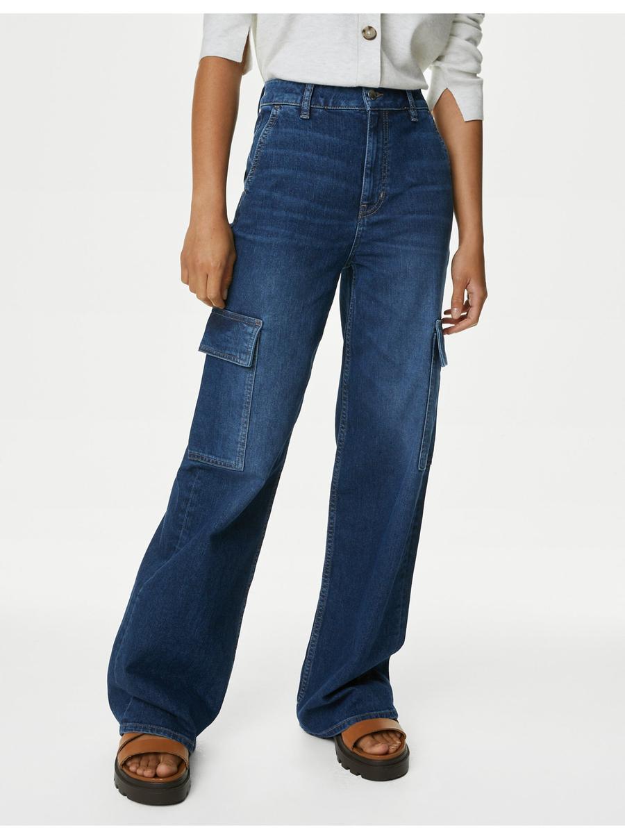 Tmavě modré dámské bootcut kapsáčové džíny Marks & Spencer