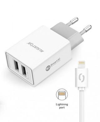 Aligator nabíječka pro mobil Chytrá síťová nabíječka 2.4A, 2xUSB, smart Ic, bílá, kabel pro iPhone/iPad 2A