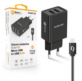 Aligator nabíječka pro mobil síťová nabíječka, 2x Usb, kabel micro Usb 2A, smart Ic, 2,4 A, černá