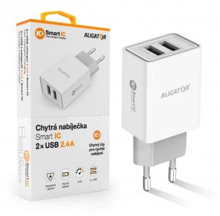 Aligator nabíječka pro mobil síťová nabíječka, 2x Usb, smart Ic, 2,4 A, bílá