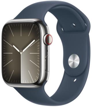 Apple Watch Series 9, Cellular, 45mm, Silver Stainless Steel, Blue Sport Band - M/L