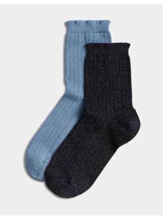 Balení 2 párů třpytivých kotníkových ponožek ze směsi bavlny Marks & Spencer námořnická modrá